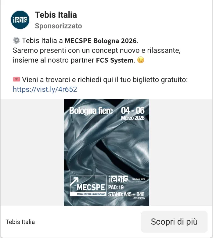 Inserzione Facebook di Tebis Italia per MECSPE Bologna 2026, con il partner FCS System