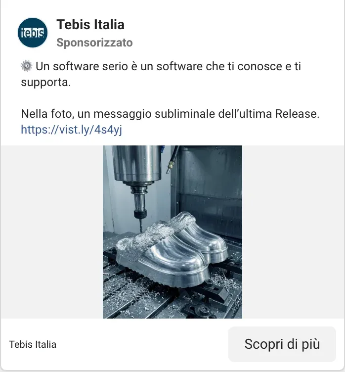 Inserzione Facebook di Tebis Italia: uno stampo fresato su un centro di lavoro