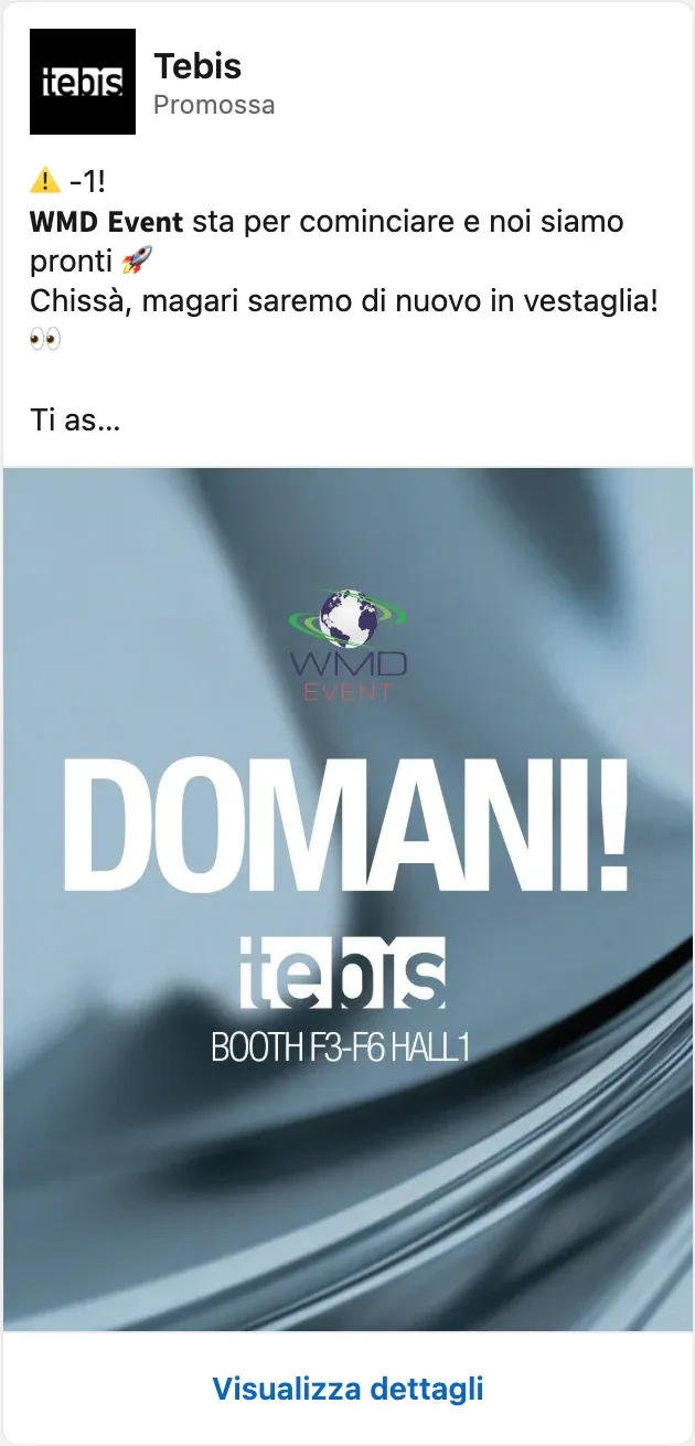 Annuncio LinkedIn di Tebis per il WMD Event: Domani! Booth F3-F6 Hall 1