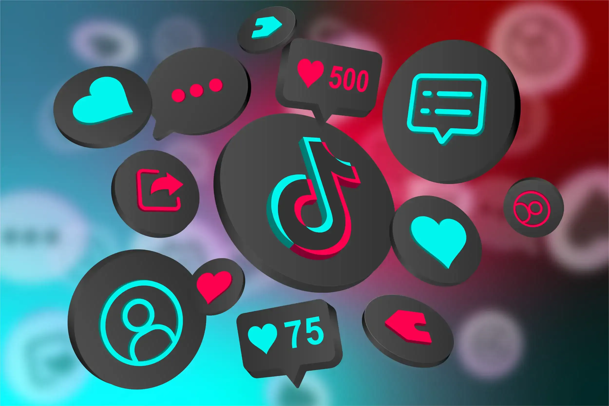 Icone 3D di TikTok con cuori, commenti, condivisioni e contatori di like che fluttuano su sfondo azzurro e rosso