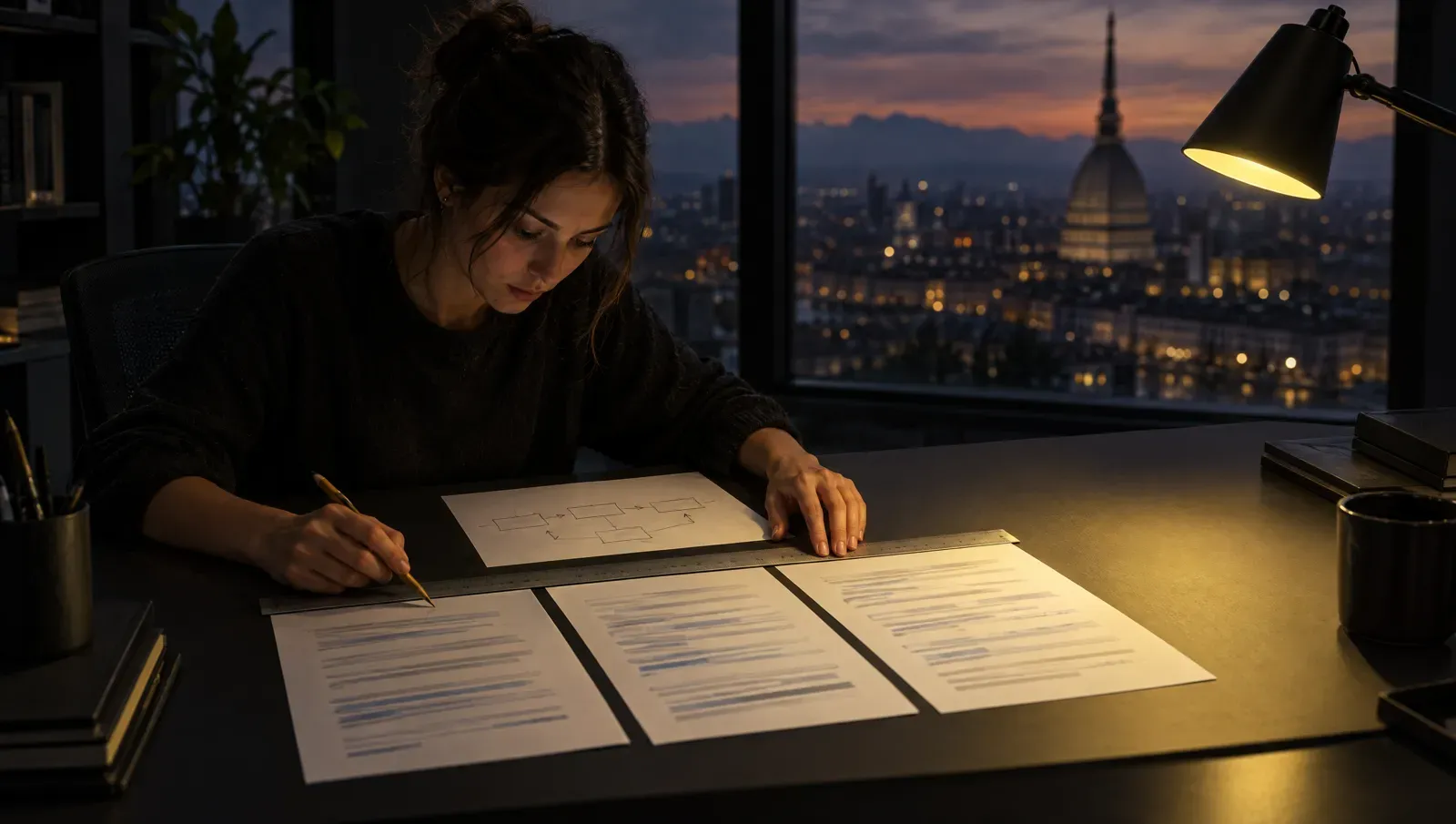 Un’analista confronta tre report stampati affiancati con un righello, in un ufficio scuro con vista sulla città al tramonto; accanto c’è uno schema disegnato a mano con riquadri e frecce