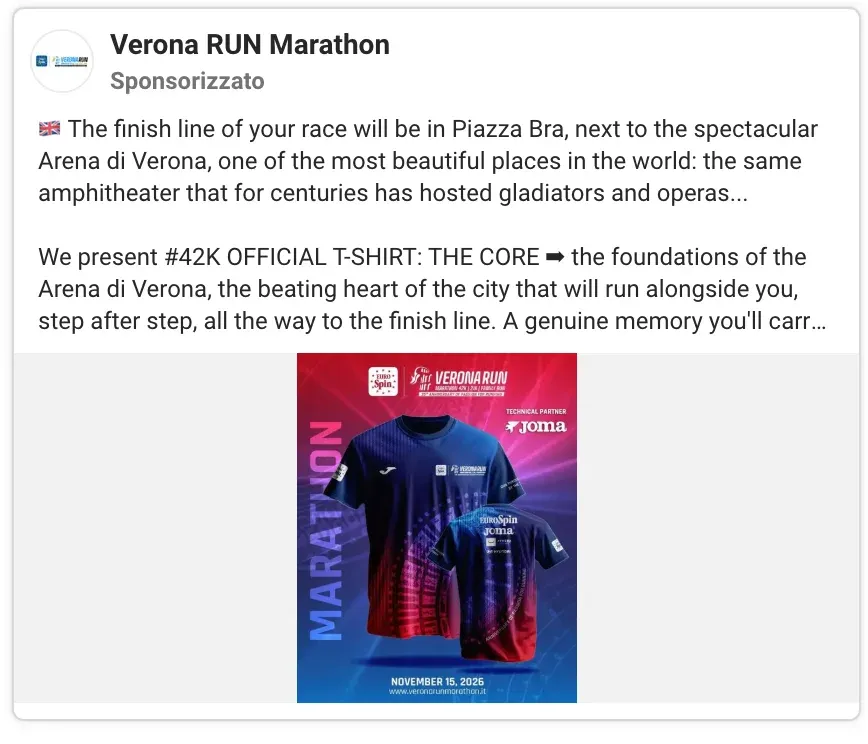 Inserzione della Verona RUN Marathon: la maglia ufficiale della 42K firmata Joma