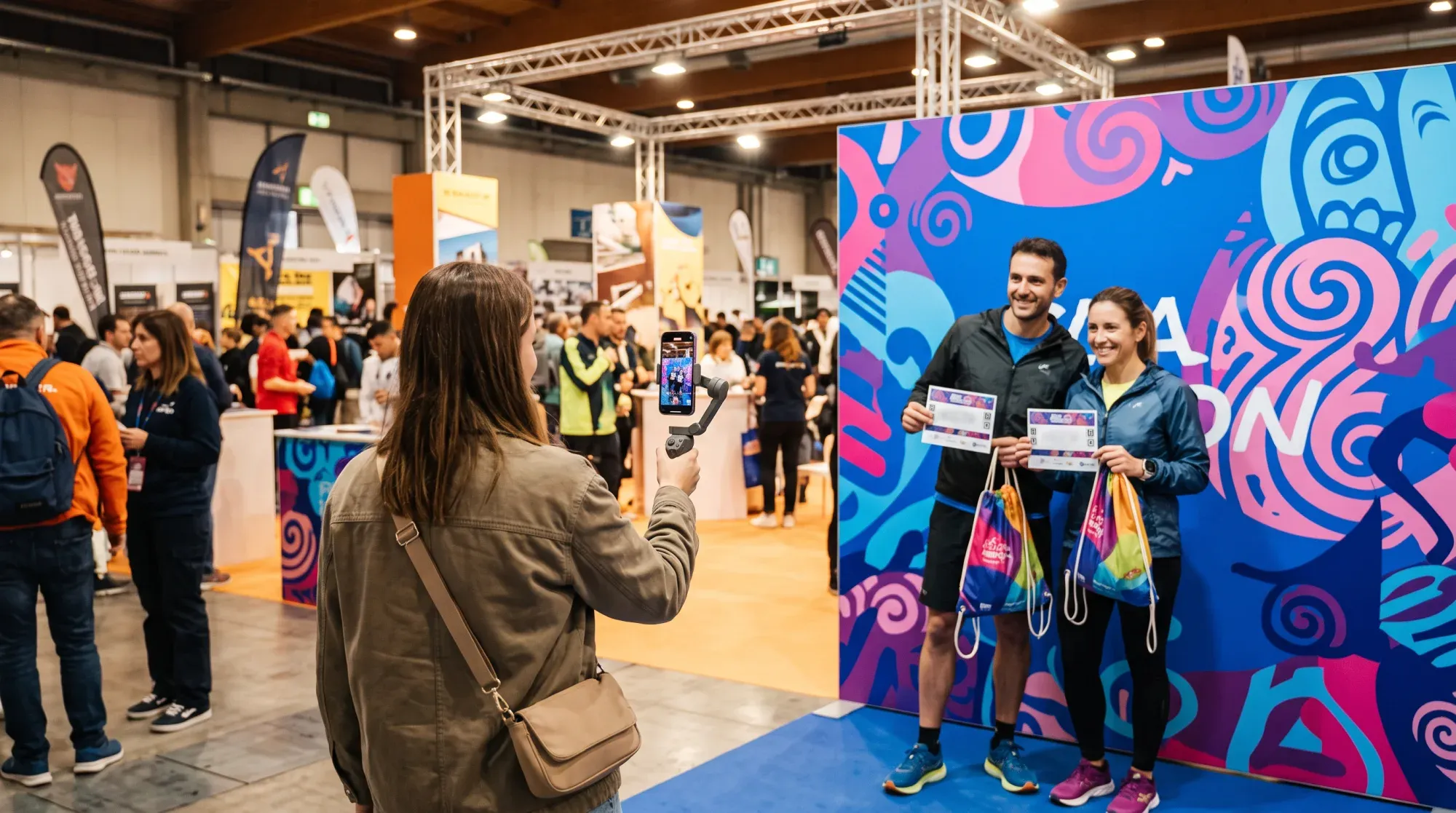 All'expo della gara una creator filma due runner con il pettorale e la sacca