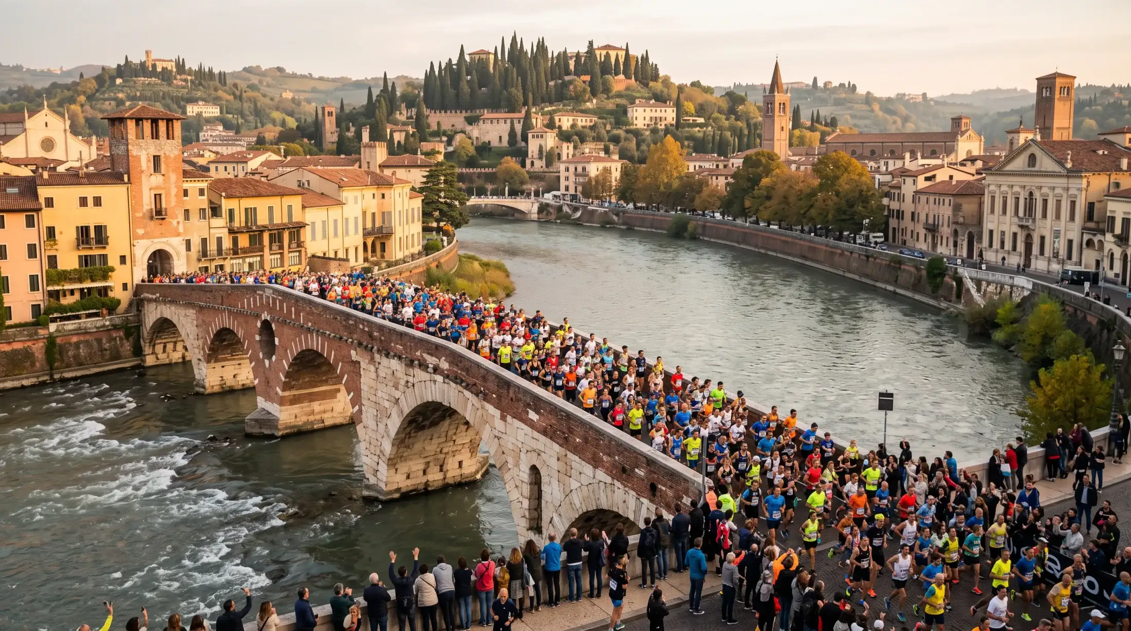 I runner della maratona attraversano il Ponte Pietra sull'Adige, a Verona