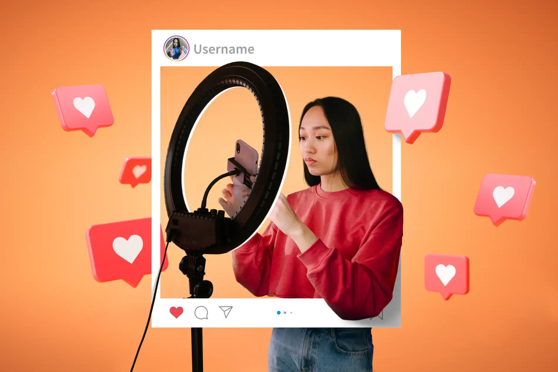 Ragazza con felpa rossa che sistema lo smartphone su una ring light, dentro una cornice di post Instagram con cuori
