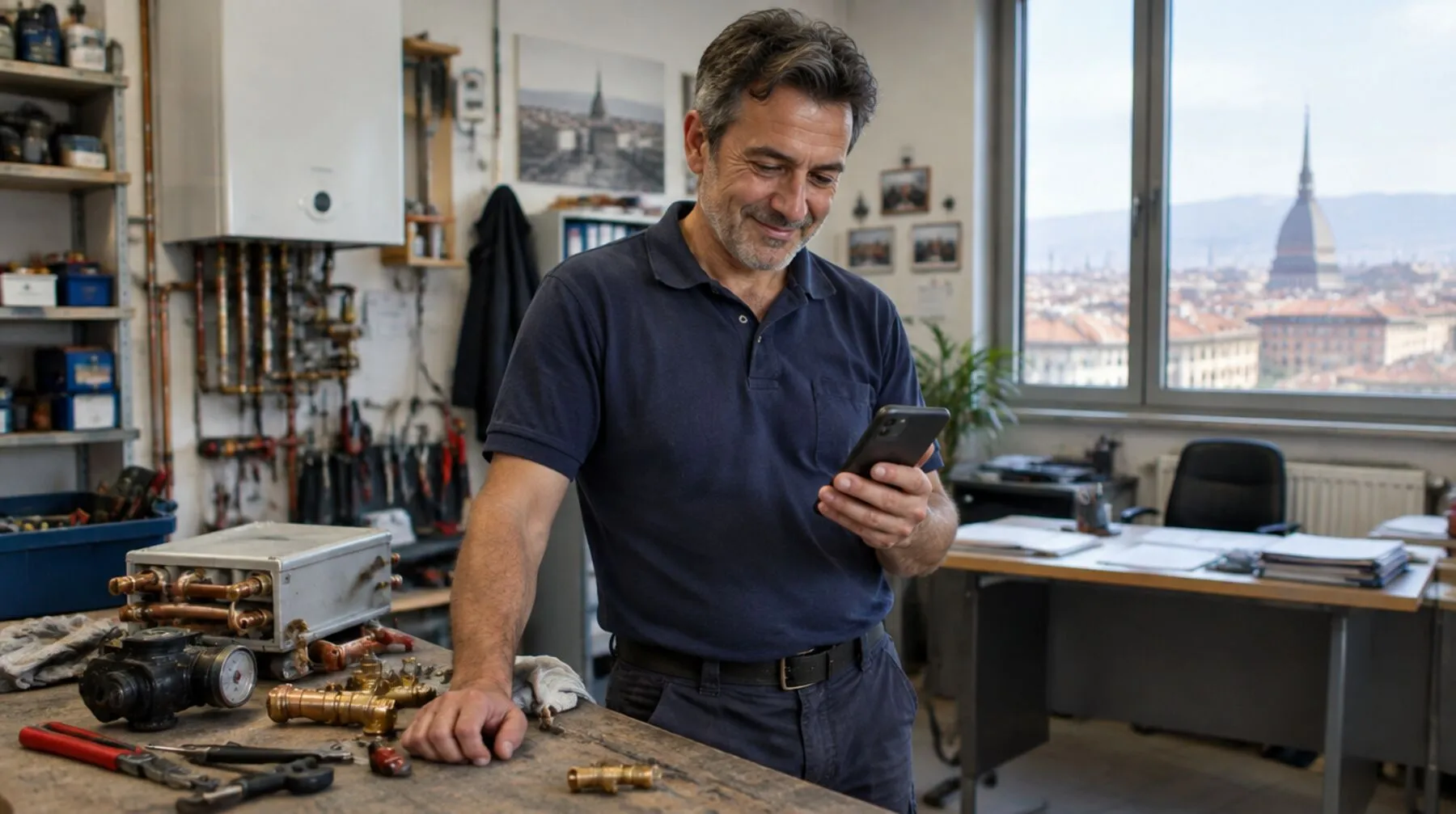 Il titolare, nel suo laboratorio a Torino, legge sul telefono il riassunto della chiamata