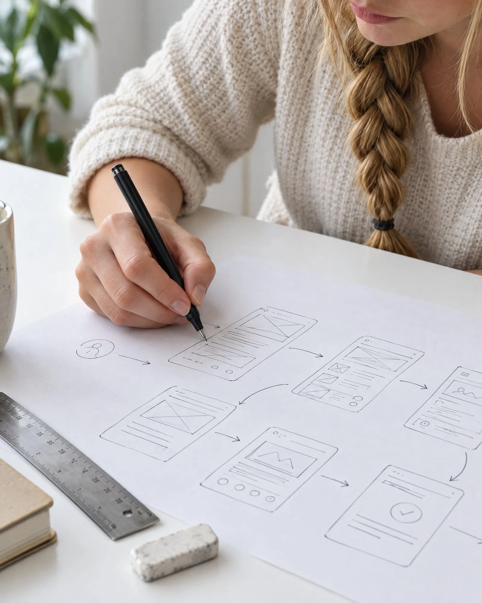 Wireframe disegnati su carta e frecce del percorso