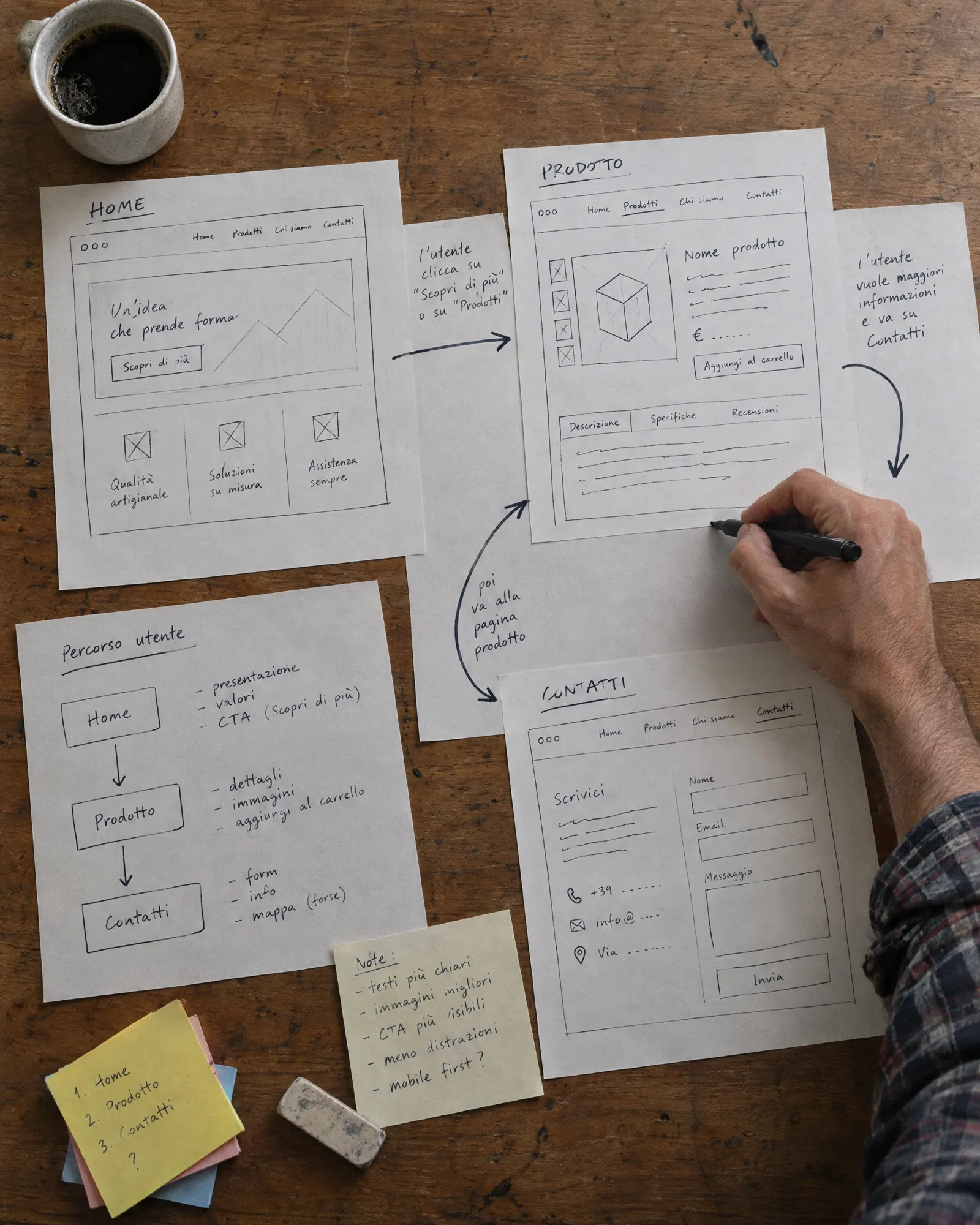 Wireframe disegnati su carta e frecce del percorso
